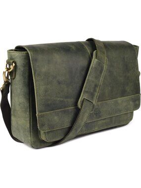 Men's Green 15.5" Handmade Satchel Vintage Leather Messenger Bag Daily Use